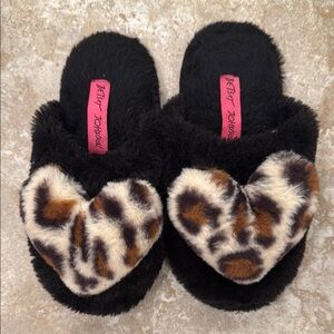 Betsey Johnson Black Leopard Heart Slippers